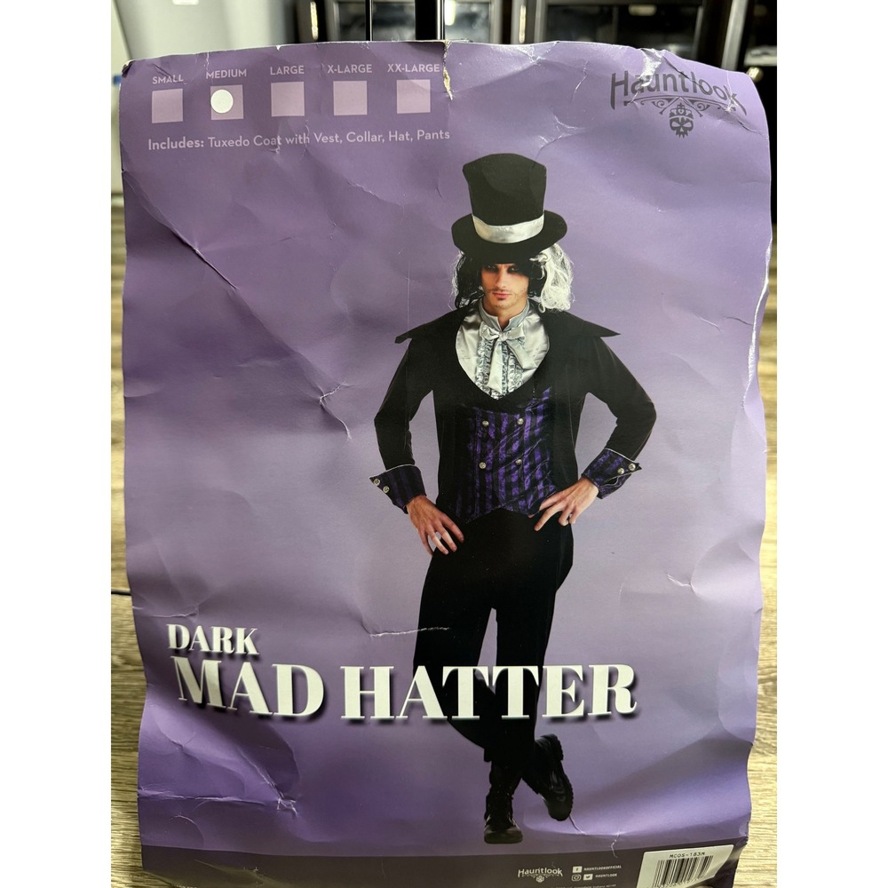Hauntlook‎ Dark Mad Hatter Costume Mens Medium 5pc Tuxedo Coat Vest Hat Pants
